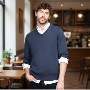 Tommy Hilfiger Men’s Essential Long Sleeve‎ V-Neck, Size XL, Blue/Grey, NWT